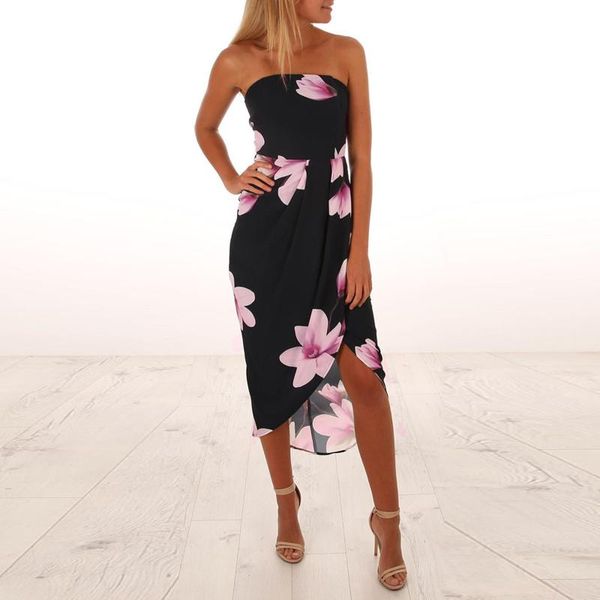 casual dresses elegant floral print strapless party dress women summer off shoulder irregular long boho beach sundress robe femme, Black;gray 
casual dresses elegant floral print strapless party dress women summer off shoulder irregular long boho beach sundress robe femme, Black;gray