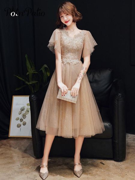 party dresses evening formal for women elegant v-neck a-ine tea-length appliques champagne medium long birthday gowns, White;black 
party dresses evening formal for women elegant v-neck a-ine tea-length appliques champagne medium long birthday gowns, White;black