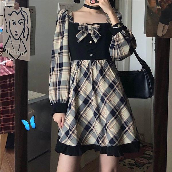 japanese autumn mini plaid bow dress women square collar contrast color vintage lolita ruffles cute puff sleeve lady casual dresses, Black;gray
japanese autumn mini plaid bow dress women square collar contrast color vintage lolita ruffles cute puff sleeve lady casual dresses, Black;gray