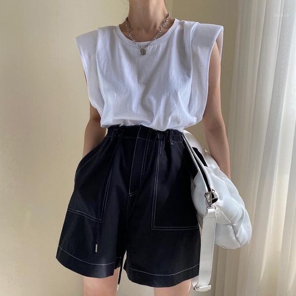 women's shorts summer simple and round neck pullover loose t-shirt flying sleeves bottoming ladies top, White;black
women's shorts summer simple and round neck pullover loose t-shirt flying sleeves bottoming ladies top, White;black