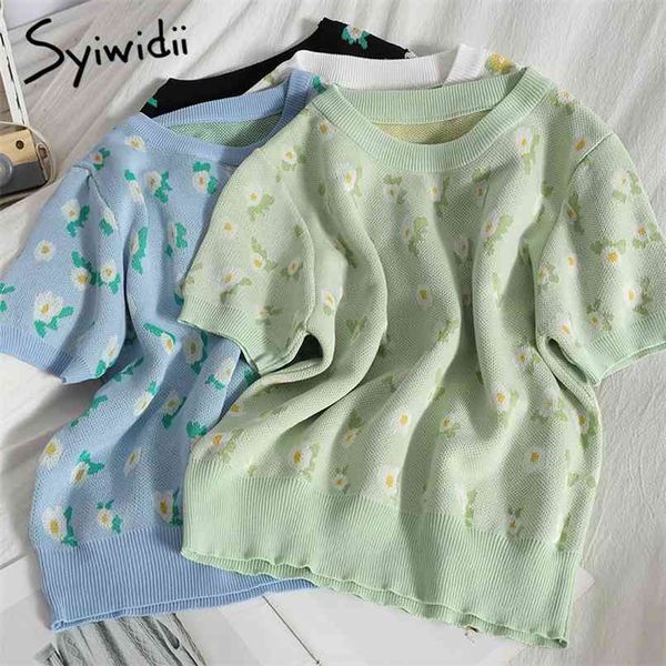 knitted woman t shirts korean clothes summer short sleeve o neck green white blue tees plant flowers 210607
knitted woman t shirts korean clothes summer short sleeve o neck green white blue tees plant flowers 210607