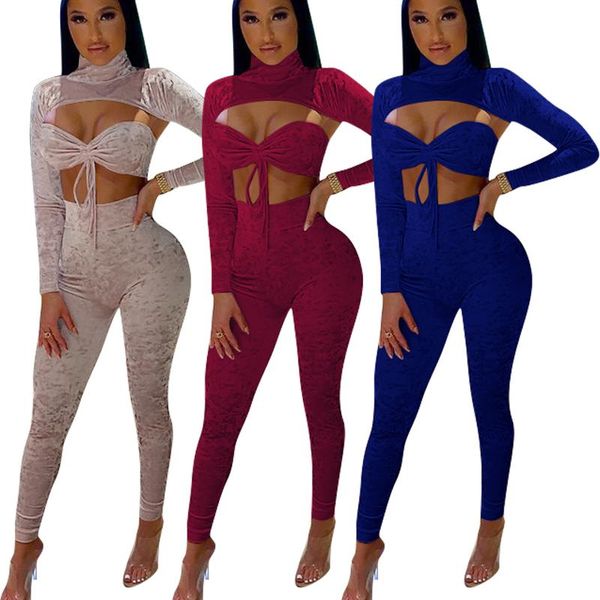 women's two piece pants 2021 autumn and winter golden diamond velvet stitched high collar long sleeve chest wrapped three set, White
women's two piece pants 2021 autumn and winter golden diamond velvet stitched high collar long sleeve chest wrapped three set, White