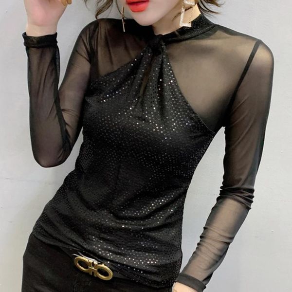 women's t-shirt 2021 spring autumn women mesh diamond fashion female long sleeve halter sequined feminine blusas, White
women's t-shirt 2021 spring autumn women mesh diamond fashion female long sleeve halter sequined feminine blusas, White