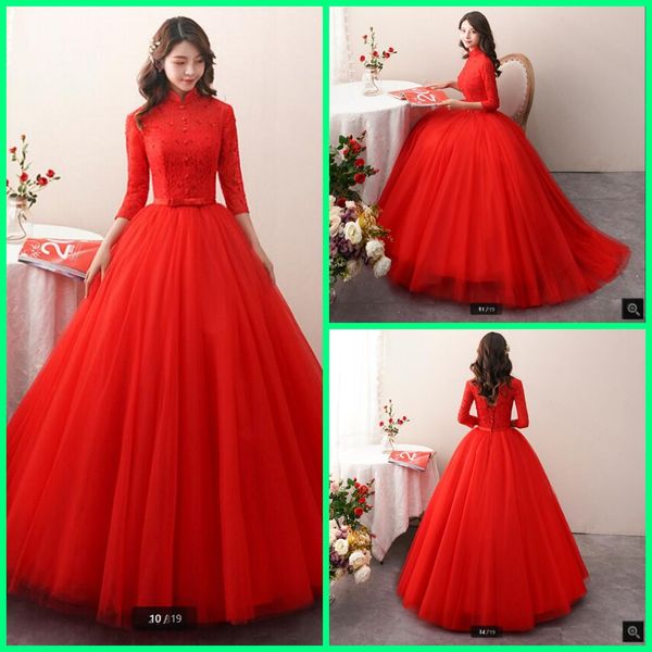 2021 new arrival red lace high neck ball gown wedding dress 3/4 sleeve beaded sequins princess hollow back bridal gowns floor length corset, White
2021 new arrival red lace high neck ball gown wedding dress 3/4 sleeve beaded sequins princess hollow back bridal gowns floor length corset, White
