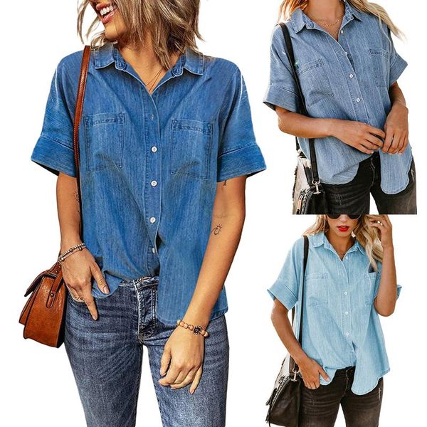 women's t-shirt solid color wild casual shirt short sleeve summer lapel button down denim simple classic clothes, White
women's t-shirt solid color wild casual shirt short sleeve summer lapel button down denim simple classic clothes, White