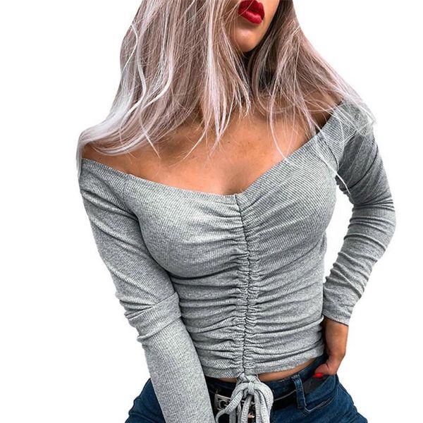 women's t-shirt basic solid ladies autumn one-neck simple drawstring slim short long sleeve top, White
women's t-shirt basic solid ladies autumn one-neck simple drawstring slim short long sleeve top, White