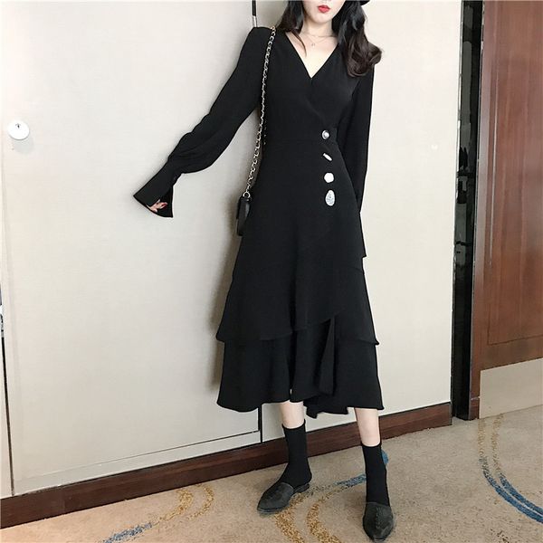 autumn full sleeve button fashion vintage v-neck mark long women's black dress elegant 8tgr, Black;gray
autumn full sleeve button fashion vintage v-neck mark long women's black dress elegant 8tgr, Black;gray
