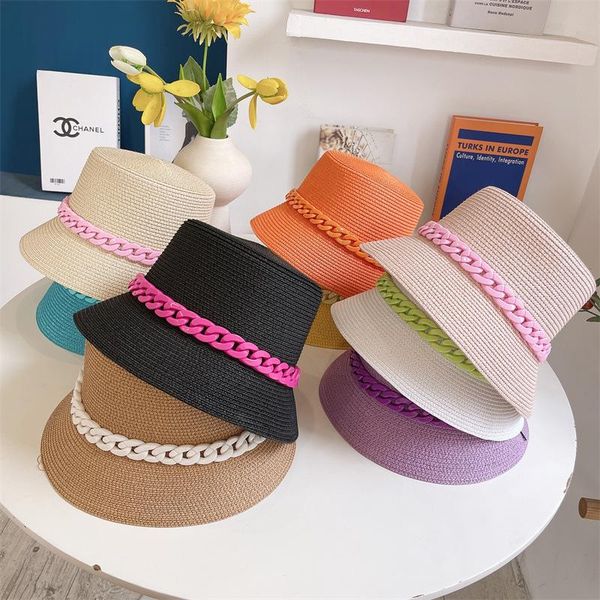 wide brim hats panama 2021 fashion women's summer bucket hat chain decoration sun protection cap female flat beach straw, Blue;gray
wide brim hats panama 2021 fashion women's summer bucket hat chain decoration sun protection cap female flat beach straw, Blue;gray