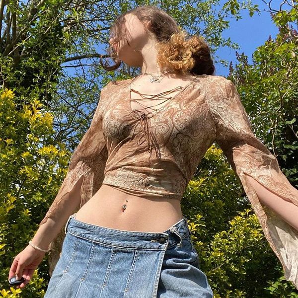 women's t-shirt khaki floral women crop lace up frill cute t shirt y2k printing sense perspective gauze abstract trumpet sleeve pullove, White
women's t-shirt khaki floral women crop lace up frill cute t shirt y2k printing sense perspective gauze abstract trumpet sleeve pullove, White