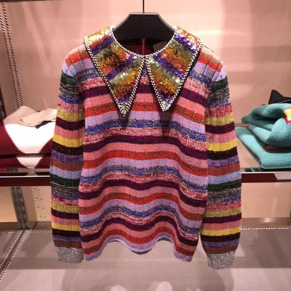 women's sweaters 2021 sequins neck women sweater winter luxury rainbow pullovers runway designer striped female christmas jumper clothe, White;black
women's sweaters 2021 sequins neck women sweater winter luxury rainbow pullovers runway designer striped female christmas jumper clothe, White;black