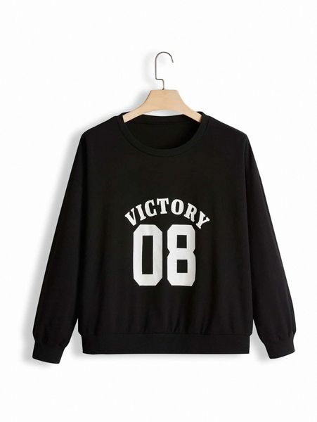 plus letter print sweatshirt 98g5#, Black