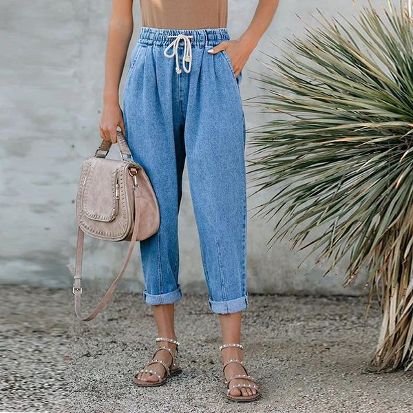 women's jeans fashionable woman high waist straight casual loose drawstring boyfriend denim style pants female slim fit pockets, Blue
women's jeans fashionable woman high waist straight casual loose drawstring boyfriend denim style pants female slim fit pockets, Blue