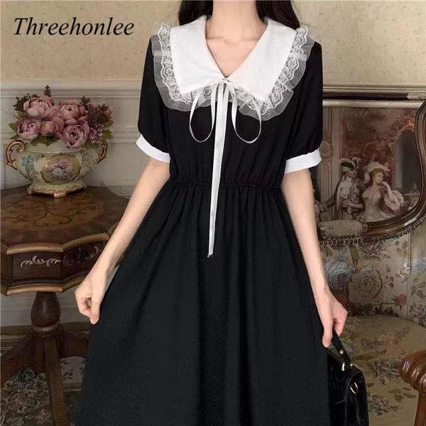 party dresses korean women black vintage lolita dress short sleeve gothic style 2021 summer casual midi, White;black
party dresses korean women black vintage lolita dress short sleeve gothic style 2021 summer casual midi, White;black