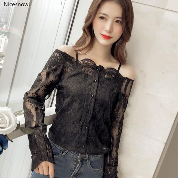 women's blouses & shirts clothing spring lace korean off shoulder floral style hollow out perspective vestidos femininos, White
women's blouses & shirts clothing spring lace korean off shoulder floral style hollow out perspective vestidos femininos, White
