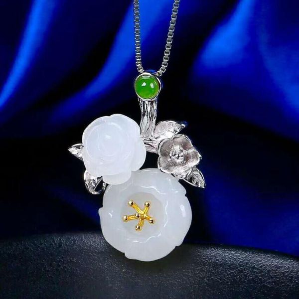 lockets hetian baiyu silver inlay pendant white jade flower h7#
