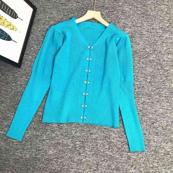 sweater knit 2021 early autumn style bubble sleeve small buckle single breasted long solid color temperament bottomed women's wear, White;black 
sweater knit 2021 early autumn style bubble sleeve small buckle single breasted long solid color temperament bottomed women's wear, White;black