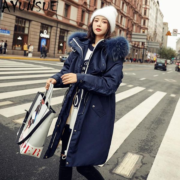 raccoon fur collar hooded women's down jacket thick winter clothes women parkas coat female ropa mujer &, Black