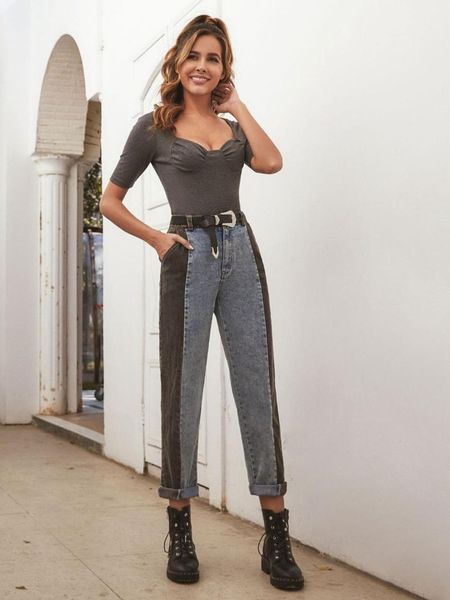 women's jeans high waist trousers casual fashion stitching cuffed slim, Blue