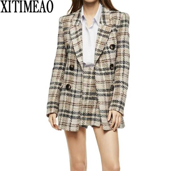 za women fashion double breasted tweed check blazers coat vintage long sleeve female outerwear and high waist short skirt 211019, White;black
za women fashion double breasted tweed check blazers coat vintage long sleeve female outerwear and high waist short skirt 211019, White;black