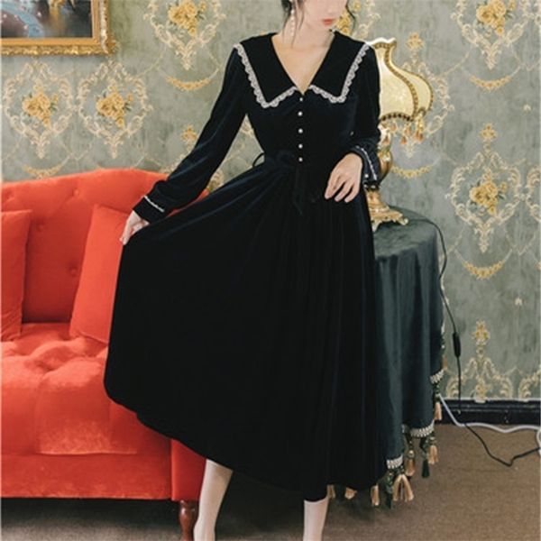 black solid vintage velvet long women dress spring peter pan collar elegant mid-calf lace female vestidos full sleeve 210603, Black;gray
black solid vintage velvet long women dress spring peter pan collar elegant mid-calf lace female vestidos full sleeve 210603, Black;gray