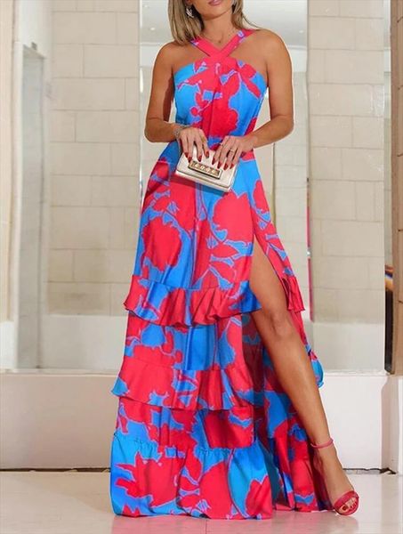 quality famous brand bohemian print women dresses halter cascading ruffles high split summer beach maxi, Black;gray
quality famous brand bohemian print women dresses halter cascading ruffles high split summer beach maxi, Black;gray