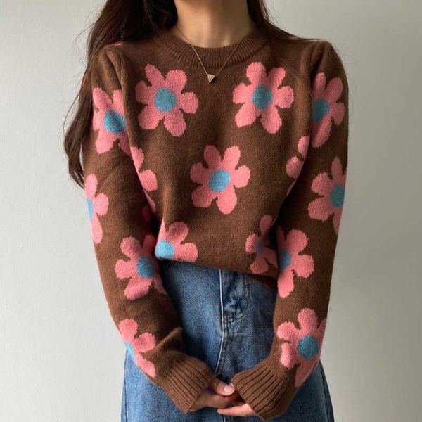 women sweater korean autumn winter all-match contrasting color flower o neck pullovers loose long-sleeved knitted 210602, White;black
women sweater korean autumn winter all-match contrasting color flower o neck pullovers loose long-sleeved knitted 210602, White;black