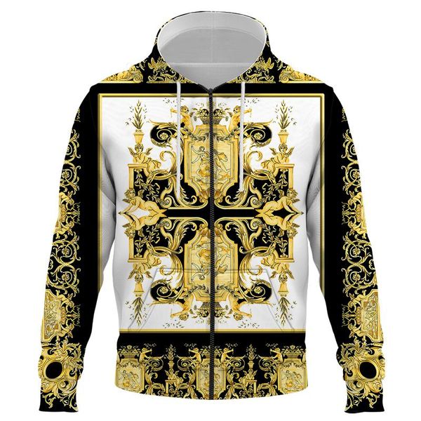 men's hoodies & sweatshirts 2021 golden flower 3d print zipper men/women autumn hip-hop sweatshirt brand long sleeve mens clothing, Black