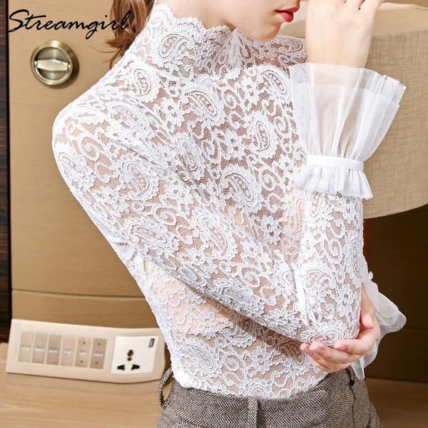women's blouses & shirts women lace elegant embroidered blouse spring and for office shirt woman transparent, White
women's blouses & shirts women lace elegant embroidered blouse spring and for office shirt woman transparent, White