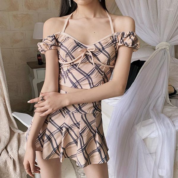 women's swimwear halter bandage bikini set plaid two piece off shoulder biquinis high waist bathing suit summer beach swim skirt 2021, White;black
women's swimwear halter bandage bikini set plaid two piece off shoulder biquinis high waist bathing suit summer beach swim skirt 2021, White;black