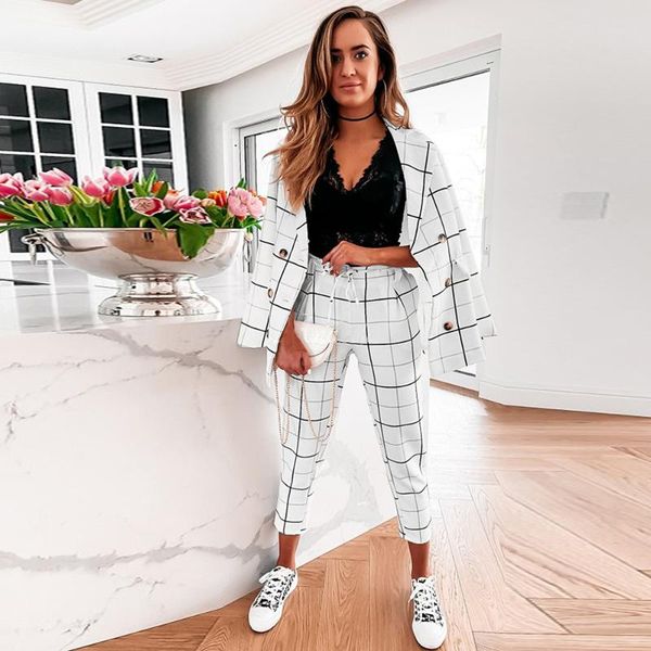 women's two piece pants elegant plaid two-piece suit jacket casual street office fashion ladies set, White
women's two piece pants elegant plaid two-piece suit jacket casual street office fashion ladies set, White