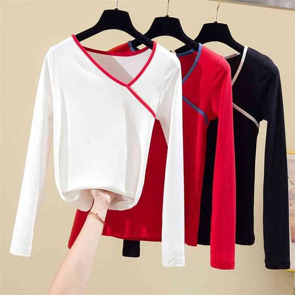 wwenn spring fall women's tshirt patchwork long sleeve v-neck cotton slim ladies fashion t shirt red white black clothing 210507
wwenn spring fall women's tshirt patchwork long sleeve v-neck cotton slim ladies fashion t shirt red white black clothing 210507