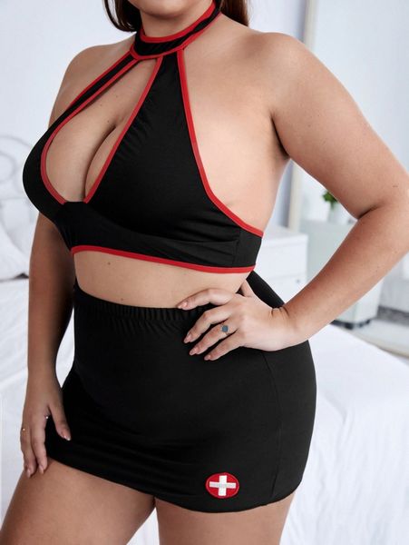 plus contrast binding nurse costume bra with skirt f8rr#, Black;white 
plus contrast binding nurse costume bra with skirt f8rr#, Black;white