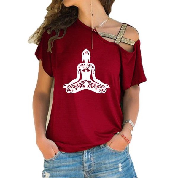 women's t-shirt buddha cartoon letter print loose irregular women skew neck cross bandage for female art lover gift, White
women's t-shirt buddha cartoon letter print loose irregular women skew neck cross bandage for female art lover gift, White