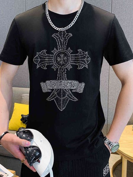 2021 summer new cross t-shirt men's european brand drill fashion round neck short sleeve ice silk slim fit, White;black
2021 summer new cross t-shirt men's european brand drill fashion round neck short sleeve ice silk slim fit, White;black