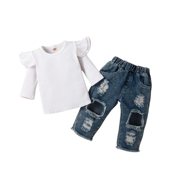 clothing sets 2 pcs infant solid color outfits, girls ribbed sleeve round neck t-shirt + ripped jeans with pockets, White
clothing sets 2 pcs infant solid color outfits, girls ribbed sleeve round neck t-shirt + ripped jeans with pockets, White