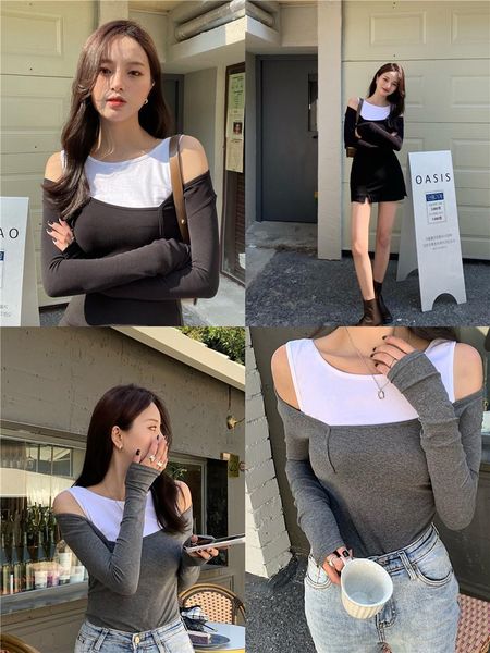 women's t-shirt real s fake two-piece small shirt stitching contrast color long-sleeved bottoming off-shoulder, White
women's t-shirt real s fake two-piece small shirt stitching contrast color long-sleeved bottoming off-shoulder, White