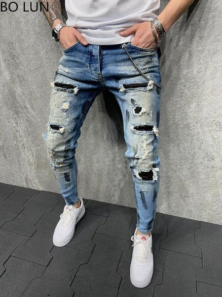 men's jeans paint skinny ripped sweatpants stretch denim hole pants biker casual male slim fit trousers european size, Blue
men's jeans paint skinny ripped sweatpants stretch denim hole pants biker casual male slim fit trousers european size, Blue