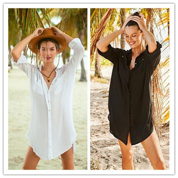 women's swimwear beach bikini cover-ups v-neck long sleeve boho summer women chiffon crinkle shirt tunic wear swim suit cover up, White;black
women's swimwear beach bikini cover-ups v-neck long sleeve boho summer women chiffon crinkle shirt tunic wear swim suit cover up, White;black
