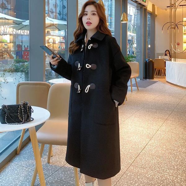 women's wool & blends horn button tweed coat middle long 2021 autumn and winter style show thin thick woolen, Black
women's wool & blends horn button tweed coat middle long 2021 autumn and winter style show thin thick woolen, Black