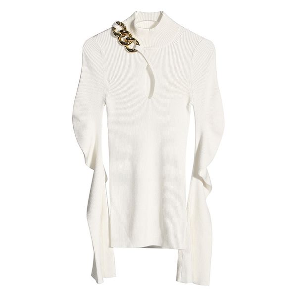 twotwinstyle patchwork chain knitted pullovers for women turtleneck flared collar hollow out slim sweater female 2021 fall new, White;black
twotwinstyle patchwork chain knitted pullovers for women turtleneck flared collar hollow out slim sweater female 2021 fall new, White;black