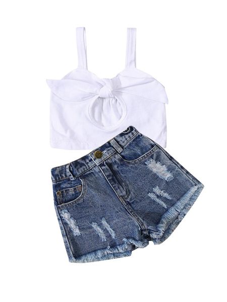 clothing sets 2pcs little girls outfit, toddlers solid color hollow knotted sleeveless suspender + rough selvedge ripped denim shorts, White
clothing sets 2pcs little girls outfit, toddlers solid color hollow knotted sleeveless suspender + rough selvedge ripped denim shorts, White