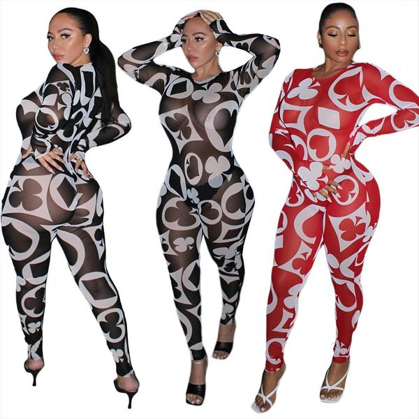 mesh perspective plus size womens jumpsuit long sleeve printed poker pattern skinny club party night, Black;white 
mesh perspective plus size womens jumpsuit long sleeve printed poker pattern skinny club party night, Black;white