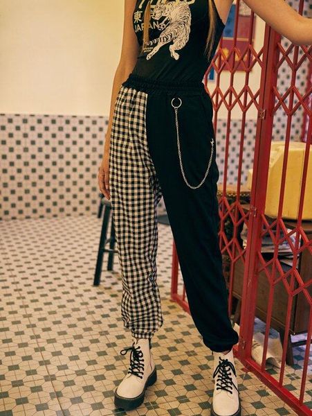 women's pants & capris 2021 fashion jogger high-waist trousers patchwork plaid casual loose decorative chain wear sports bottoms, Black;white
women's pants & capris 2021 fashion jogger high-waist trousers patchwork plaid casual loose decorative chain wear sports bottoms, Black;white