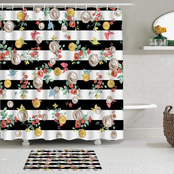fabric shower curtain and mats set,coin flower vintage coins floral black and white stripes,waterproof bath curtains with 12
fabric shower curtain and mats set,coin flower vintage coins floral black and white stripes,waterproof bath curtains with 12