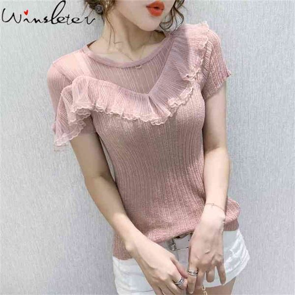 summer korean style knit t-shirt fashion shiny o-neck mesh patchwork women ruffles casual tees t13415a 210421, White
summer korean style knit t-shirt fashion shiny o-neck mesh patchwork women ruffles casual tees t13415a 210421, White