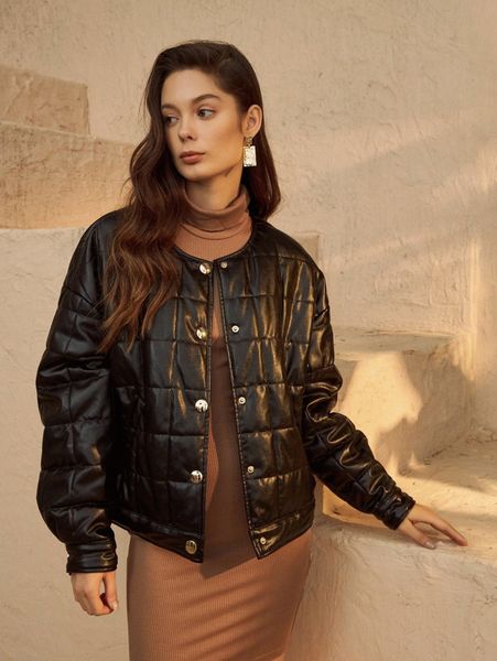 lantern sleeve pu leather winter coat r82m#, Black