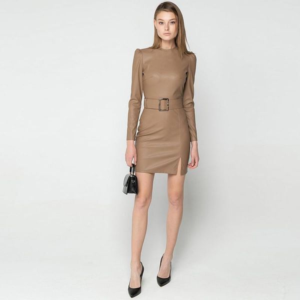 casual dresses pu leather sheath bodycon dress women puff sleeve o neck belt slim mini zipper 2021 autumn winter arrival, Black;gray
casual dresses pu leather sheath bodycon dress women puff sleeve o neck belt slim mini zipper 2021 autumn winter arrival, Black;gray