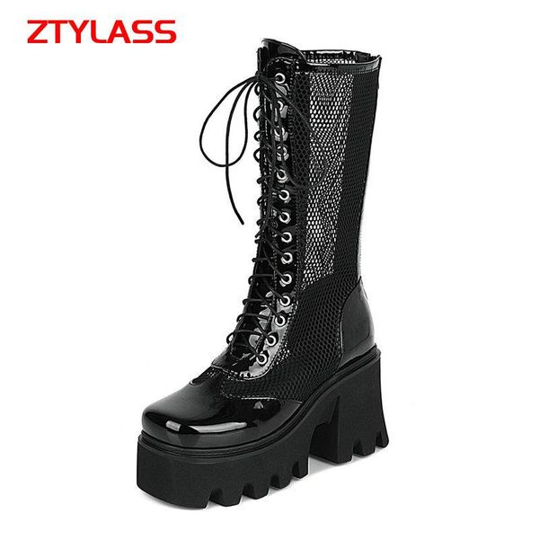 summer women breathable mesh boots patent leather square high heel mid calf fashion cross ties platform shoes, Black
summer women breathable mesh boots patent leather square high heel mid calf fashion cross ties platform shoes, Black