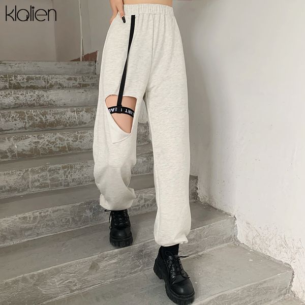 fashion casual high street loose Straight trousers women sports solid high waist pant ladies simple hole cotton pantPlus size clothes, Gray