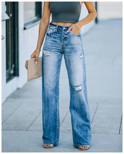 women's jeans 2021 autumn simple casual wide-leg mid-waist retro wash water ripped trousers women, Blue
women's jeans 2021 autumn simple casual wide-leg mid-waist retro wash water ripped trousers women, Blue